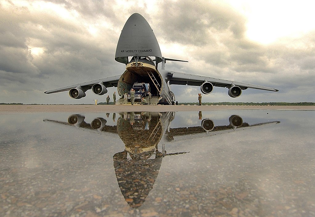 U.S. Air Force C-5 Galaxy showing open nose door at Bush Field, Georgia