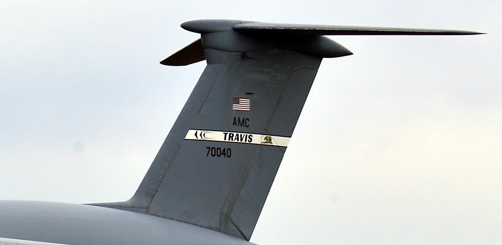 Tail Code markings on USAF C-5M Super Galaxy, 87-0040, of the Air Mobility Command (AMC) from Travis AFB, California Tail Code markings on USAF C-5M Super Galaxy, 87-0040, of the Air Mobility Command (AMC) from Travis AFB, California