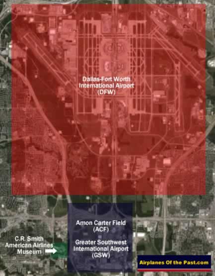 Map of the location of Amon Carter Field, the Greater Southwest International Airport, and DFW Airport Map of the location of Amon Carter Field, the Greater Southwest International Airport, and DFW Airport