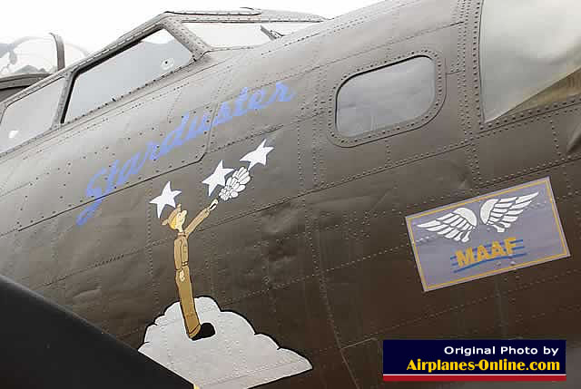 Nose art on the B-17G Flying Fortress, "Starduster", S/N 44-6393, at the March Field Air Museum in California Nose art on the B-17G Flying Fortress, "Starduster", S/N 44-6393, at the March Field Air Museum in California
