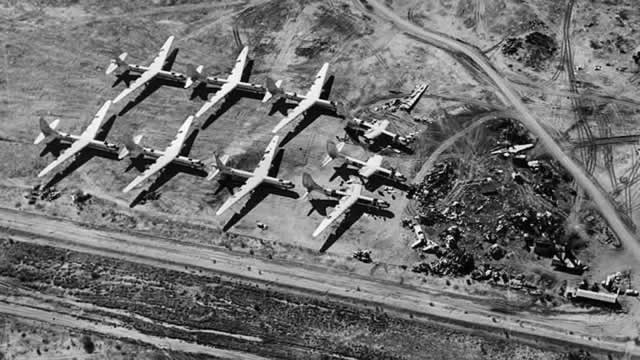 Aerial view of nine B-36 Peacemakers in various stages of being scrapped at Davis-Monthan AFB View of nine B-36 Peacemakers being scrapped at Davis-Monthan AFB in Tucson, Arizona