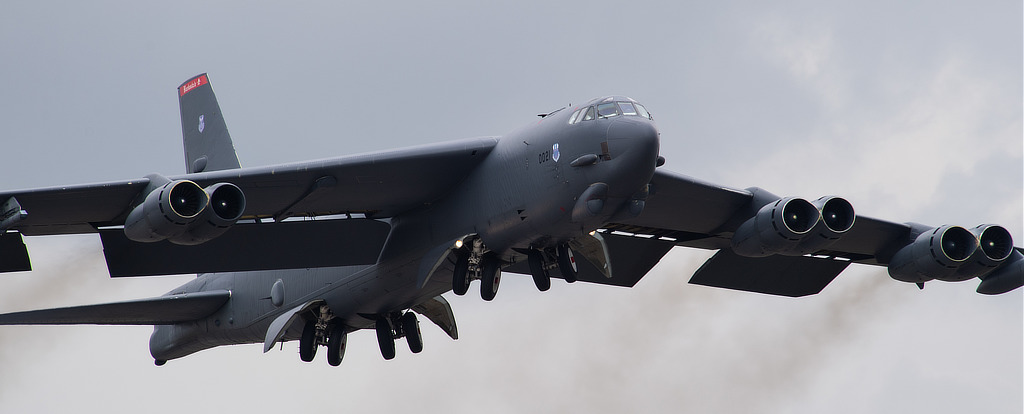 U.S. Air Force B-52 Stratofortress bomber at takeoff at Barksdale Air Force Base U.S. Air Force B-52 Stratofortress bomber at takeoff at Barksdale Air Force Base