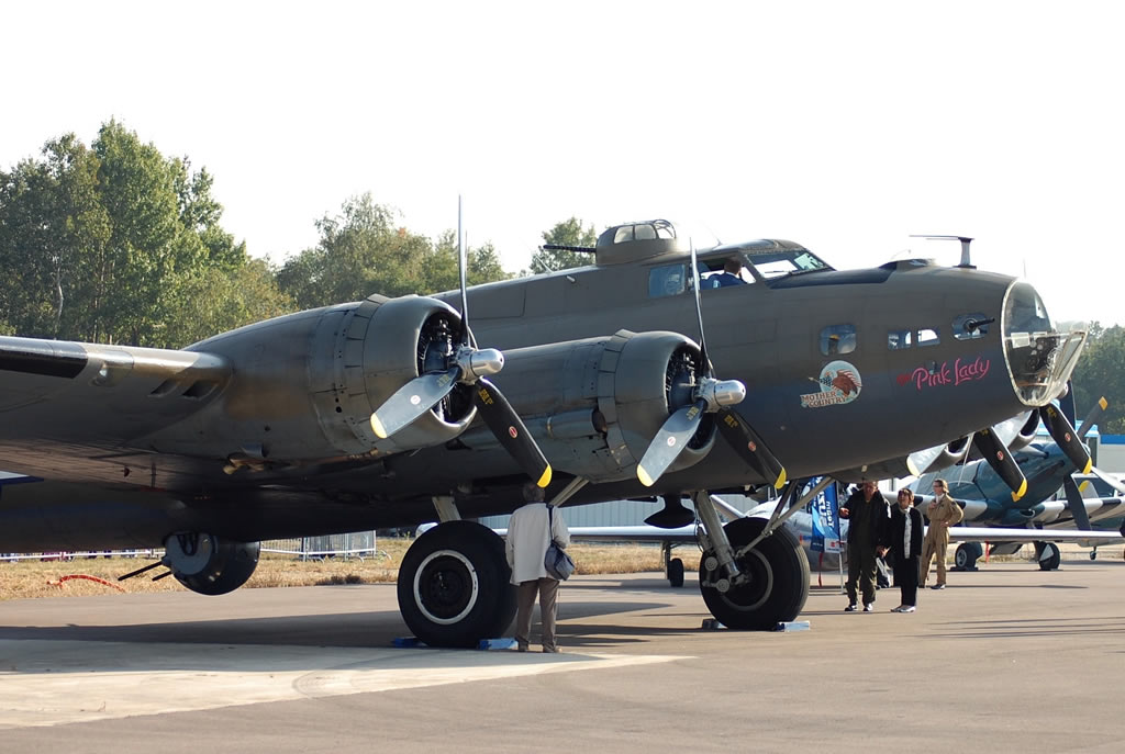 Boeing B-17 Flying Fortress "Pink Lady" on display at an airshow  Boeing B-17 Flying Fortress "Pink Lady" on display at an airshow