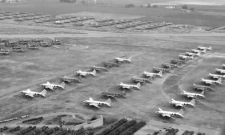 Aerial view of surplus C-46 Commandos in storage at Cal-Aero Field after WWII Aerial view of surplus C-46 Commandos in storage at Cal-Aero Field after WWII