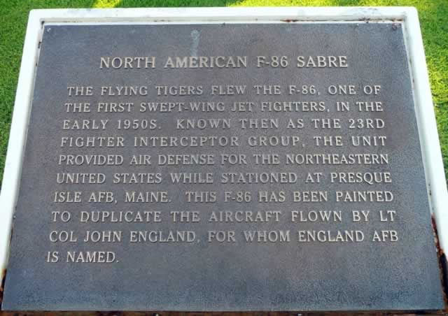 North American F-86 Sabre historical marker at England Air Force Base in Alexandria, Louisiana North American F-86 Sabre historical marker at England Air Force Base in Alexandria, Louisiana
