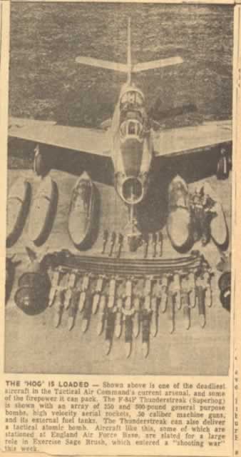 F-84F Thunderstreak, loaded for action, shown at England Air Force Base, Alexandria, Louisiana