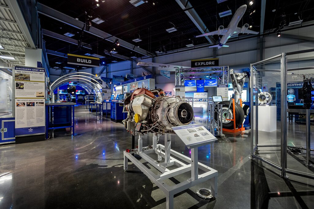Interior view of some of the exhibit areas at Flight Works Alabama