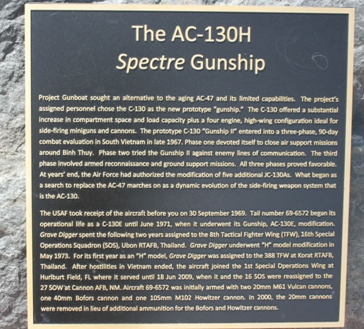 Plaque about the AC-130H Spectre Gunship, Cannon Air Force Base, Clovis, New Mexico Plaque about the AC-130H Spectre Gunship, Cannon Air Force Base, Clovis, New Mexico