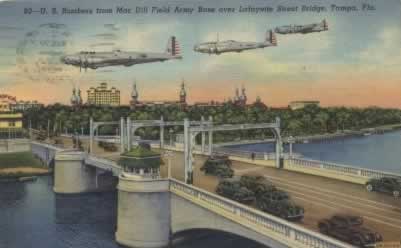 B-17 Flying Fortresses from MacDill Field Army Base over the Lafayette Street Bridge, downtown in Tampa, Florida B-17 Flying Fortresses from MacDill Field Army Base over the Lafayette Street Bridge, downtown in Tampa, Florida