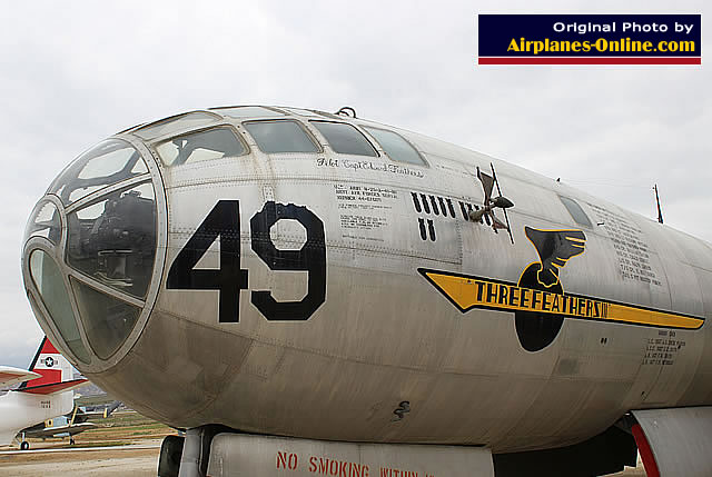 Left nose view of B-29 Superfortress painted as "Three Feathers", S/N 44-61669 Left nose view of B-29 Superfortress painted as "Three Feathers", S/N 44-61669