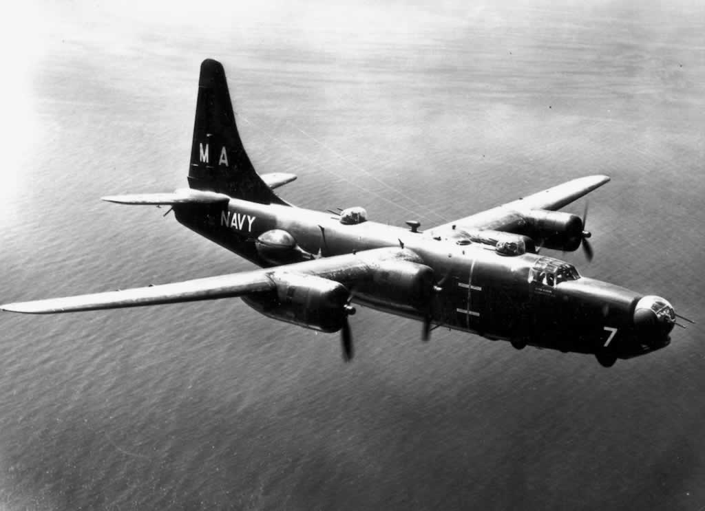 U.S. Navy PB4Y-2 Privateer in flight over the ocean U.S. Navy PB4Y-2 Privateer in flight over the ocean