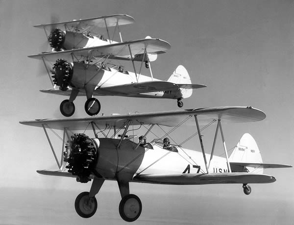U.S. Navy Stearman N2S-1 trainers flying in formation U.S. Navy Stearman N2S-1 trainers flying in formation