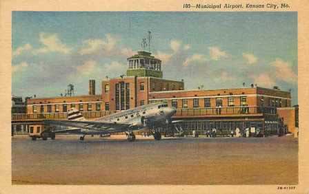 vintage postcard showing DC-3 airliner parked in front of Municipal Airport, Kansas City, Missouri vintage postcard showing DC-3 airliner parked in front of Municipal Airport, Kansas City, Missouri