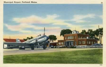 Vintage postcard showing DC-3 airliner parked in front of Municipal Airport in Portland, Maine Vintage postcard showing DC-3 airliner parked in front of Municipal Airport in Portland, Maine