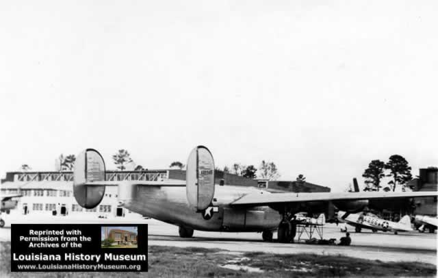 B-24 on apron at Seymour Johnson Field in WWII, hangars in background B-24 on apron at Seymour Johnson Field in WWII, hangars in background