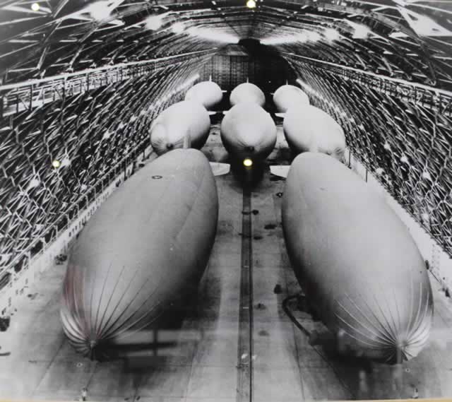 View of the blimp hangar during World War II View of the blimp hangar during World War II