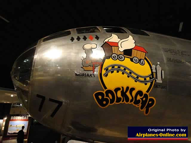 Left nose view of the B-29 "Bockscar" showing four black "pumpkin" bombs, and one red "Fat Man" atomic bomb Left nose view of the B-29 Superfortress "Bockscar" showing four black "pumpkin" bombs, and one red "Fat Man" atomic bomb